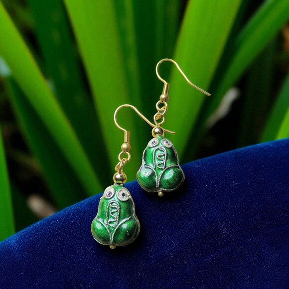 Frog Cloisonne Earrings, Green Enamel Pierced Earrings - Picture 1 of 6